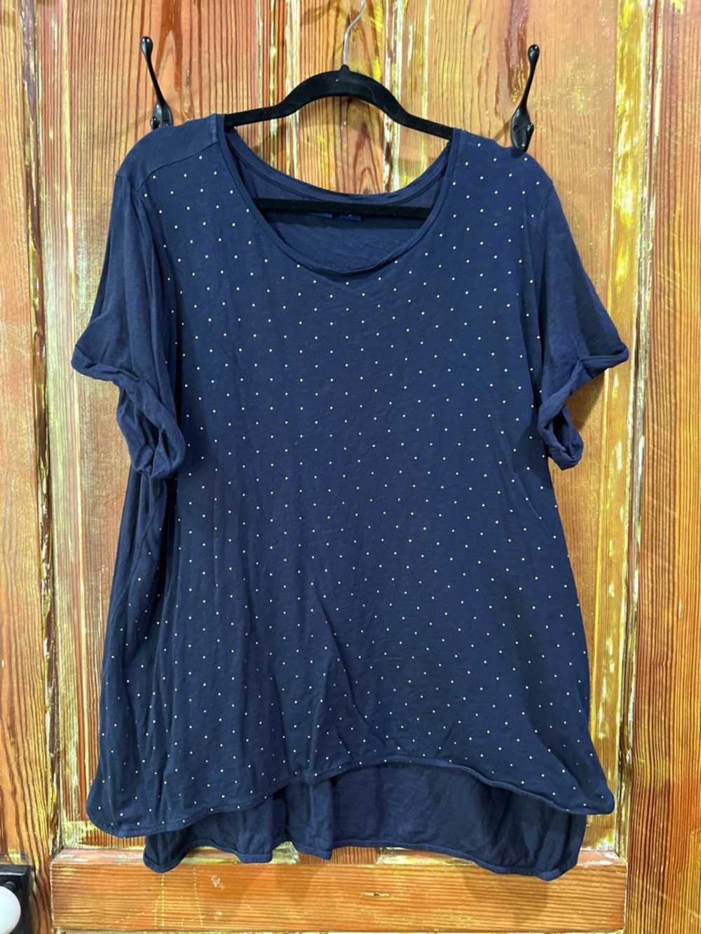 Basic Editions Navy Short Sleeve Scoop Neck Top with Gold Dots